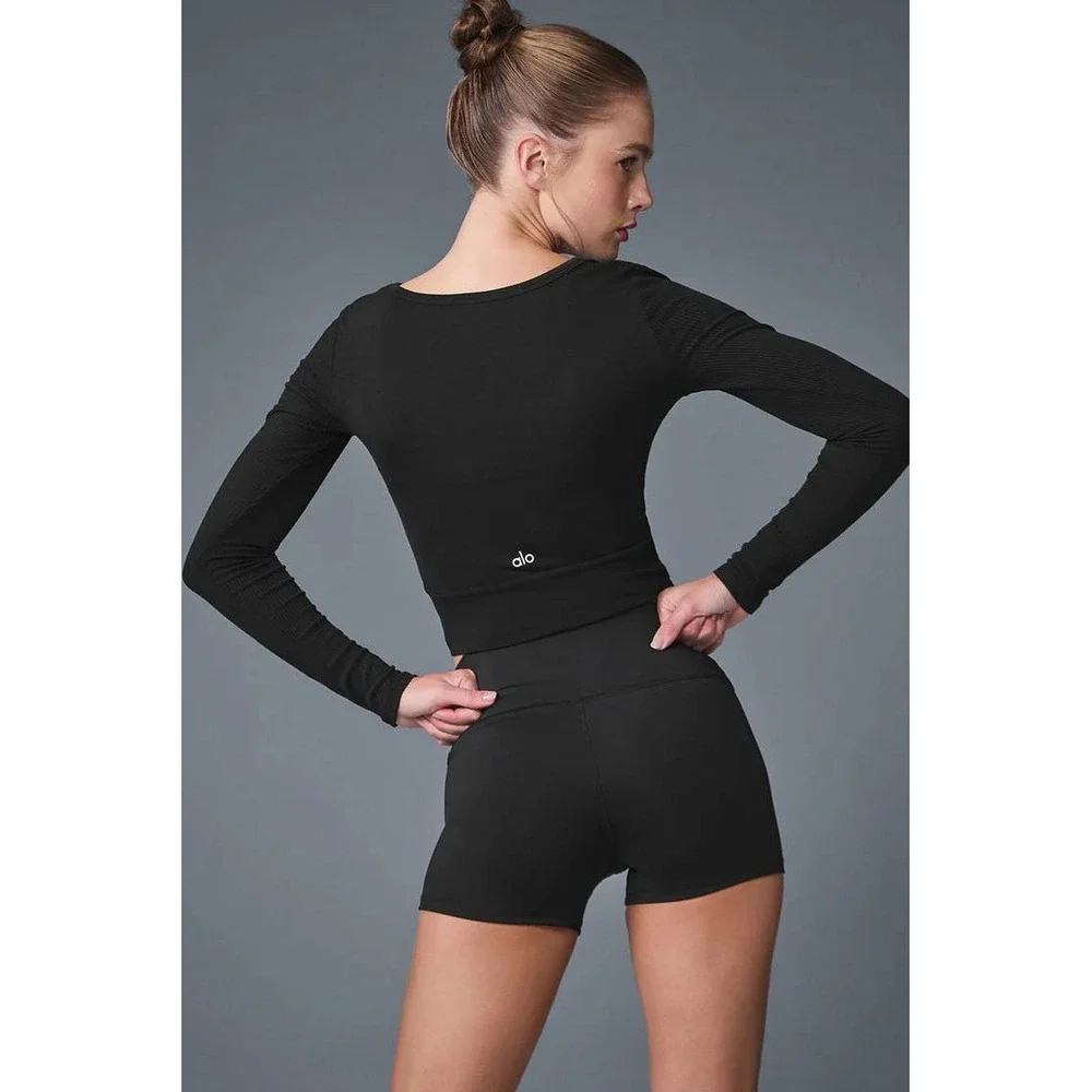 Alo Yoga Long Sleeve Top Women S Black Ribbed Twist Front Athleisure Balletcore‎